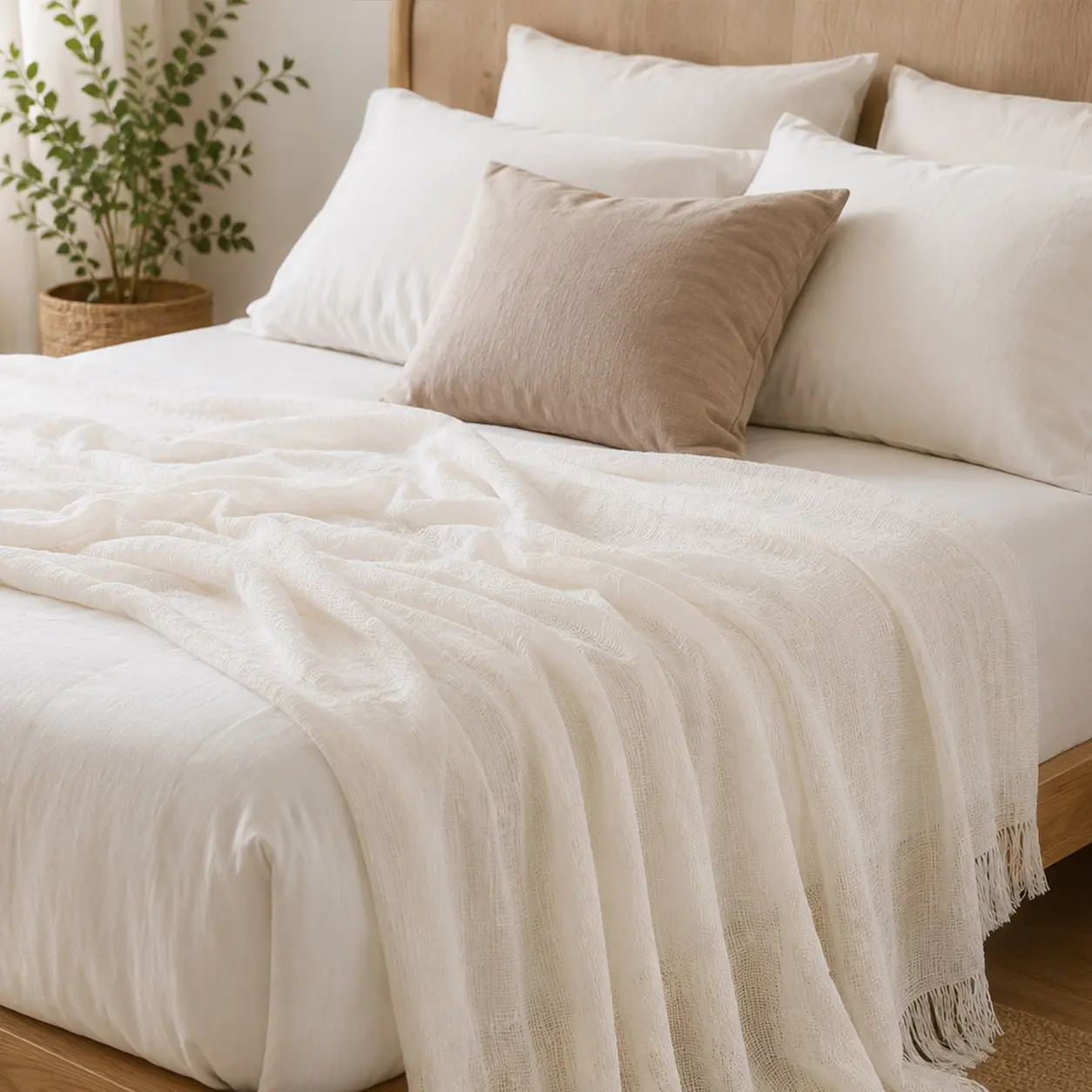 Cama tendida con sábanas blancas y una manta de gasa de algodón
