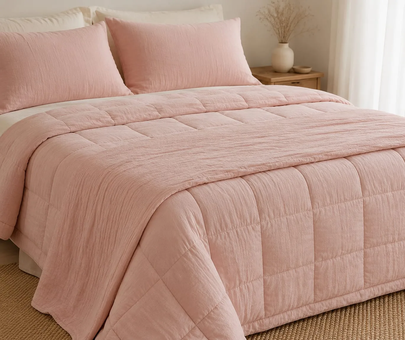Ropa de cama confeccionada en tusor color rosa